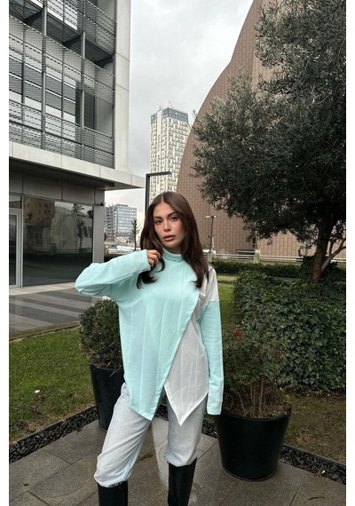WeShaya Kadın Mint Asimetrik Kesim, Önü İki Parçalı, İnce Triko Kumaş, Salaş Bluz Kazak Mint