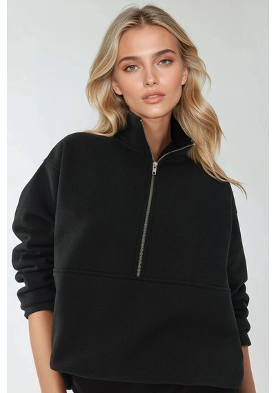 Hiccup Rahat Kesim Uzun Kollu Fermuarlı Sweatshirt Siyah