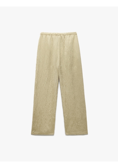 Koton Beli Bağlamalı Yüksek Bel Geniş Paça Dokulu Saten Pantolon Haki Desenli 5sak40238uw Haki Desenli Haki