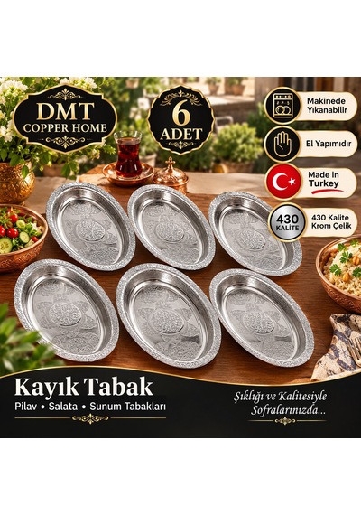 6 Adet 430 Kalite Krom Çelik İşlemeli Kayık Tabak 33 Cm El Yapımı Pilav Ve Salata Sunum Tabağı Gümüş