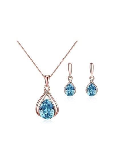 Elegant Zarif Su Damlası Parlak Mavi Kristal Taşlı 14 Şubat Sevgiliye Hediye Kolye Küpe Seti Rose Gold