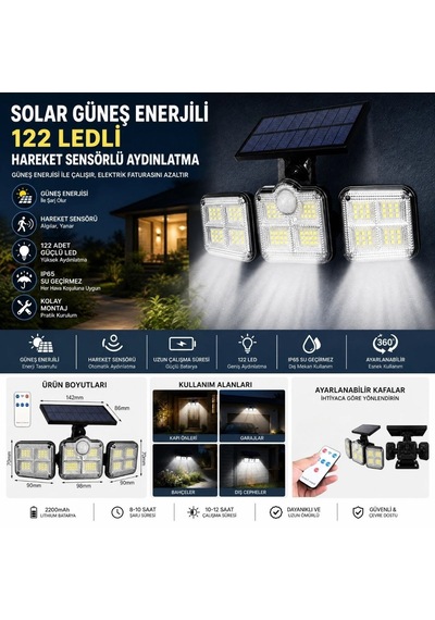 3&apos Lü 122 Ledli Güneş Enerjili Hareket Sensörlü Aydınlatma, Dış Mekan Duvar Ve Bahçe Lambası Solar Led 5570