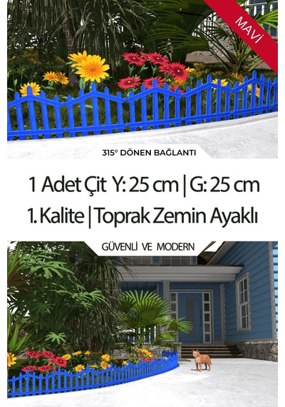 Dekoratif Plastik Bahçe Çiti Ve Peyzaj Çiti 1 Adet Çit Y: 25 Cm / G: 25 Cm Toprak Ayaklı - Mavi