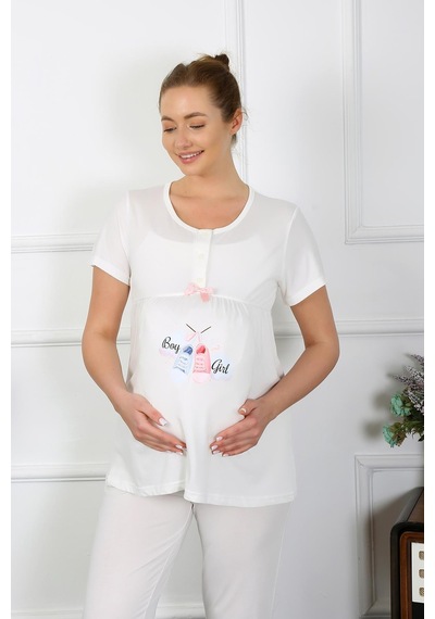 Akbeniz Kadın Kısa Kol Hamile Lohusa Pijama Takımı Ekru 45210-ekru