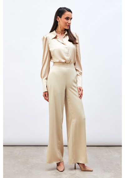 Sateen Yırtmaç Detaylı Saten Pantolon - Bej