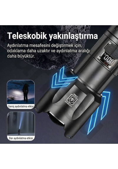 Everton Rt-t709 Profesyonel Fener - 4 Adet 18650 Model Pil Dahil - 10400 Mah Powerbank Siyah