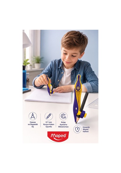 Sarı Plastik Pergel Kurşun Kalemli 1 Adet Maped Kidz 191611 Pergel Matematik Geometri Mimari Proje Teknik Çizim
