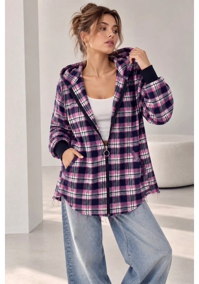 Bb Butik Basic Kapüşonlu Fermuarlı Oversize Ekose Oduncu Gömlek Ceket Kadın Rahat Mevsimlik Günlük Tr0935 Fuşya
