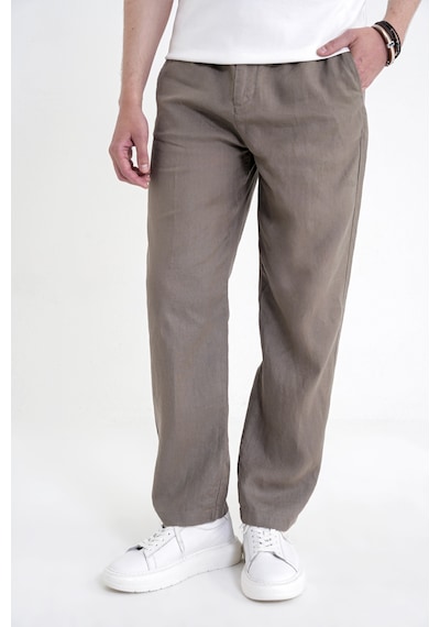 Oversize Kalıp Yan Cep Beli Lastikli Haki Keten Pantolon P 1216