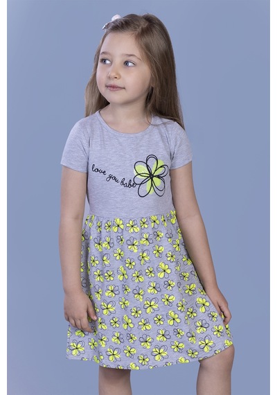 Toontoy Kız Çocuk Çiçek Desenli Yazı Nakışlı Pullu Taş İşlemeli Elbise Gri Melanj
