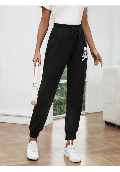 Lune Halloween Skull Print Drawstring Waist 4 Mevsim Eşofman Siyah
