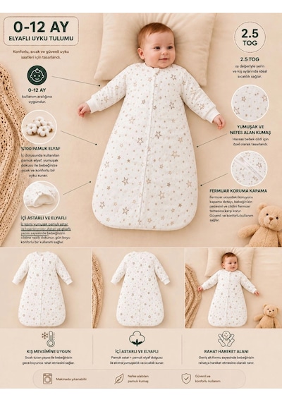 Begi 2.5 Tog Elyaflı Torba Uzun Kollu Uyku Tulumu % 100 Pamuk Unisex