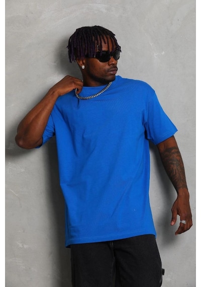 Erkek Düz Yazlık Kısa Kol Tişört Bisiklet Yaka Oversize T-shirt - Mavi