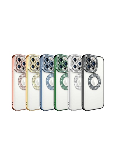 Apple Uyumlu iPhone 13 Pro Kılıf Kamera Korumalı Taş Süslemeli Arkası Şeffaf Zore Asya Kapak Yeşil
