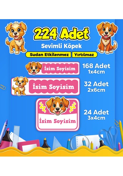 Sevimli Köpek Temalı Okul Kreş Kişiye Özel İsim Etiket Seti - Model 417 Çok Renkli