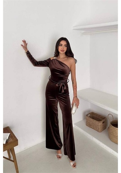Neşeli Butik Kadın Kahverengi Kuşaklı Tek Omuz Kadife Kumaş Tulum Nbk068 Kahverengi