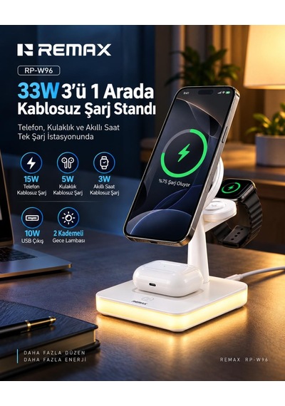 33w Aydınlatmalı 3 Ü 1 Arada Kablosuz Şarj Cihazı
