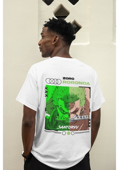 One Piece Roronoa Zoro Sırt Baskılı Unisex Oversize Anime Tişört Beyaz
