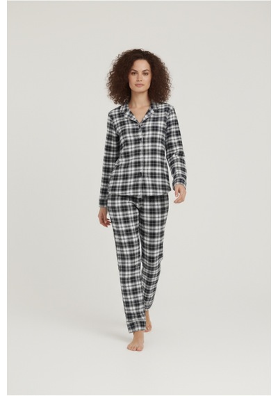 Luxury Viscose Lacivert Ekose Desenli Kadın Uzun Kollu Pijama Takımı 42576 Gümüş