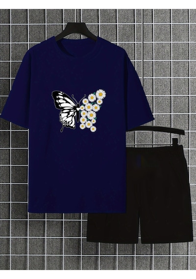 Uyguntarz Unisex Papatyakelebek Tasarım Basklı Tshirt Eşofman Takımı Lacivert