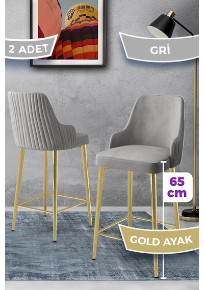 Canisa Tera Serisi 2 Adet Babyface Kumaş 65 Cm Gold Kaplama Ayaklı Gri Bar Sandalyesi Gri Sandalye Ayaklar Gold