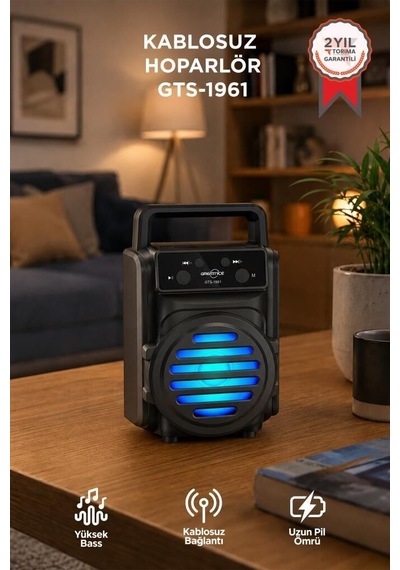 Bluetooth Hoparlör Rgb Işıklı Kablosuz Speaker Gts-1961 Siyah Müzik Frekans Cihazı
