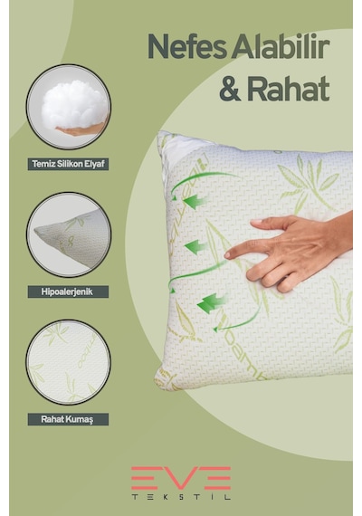 Eve Tekstil 2 Adet Bamboo Serisi Kılıflı Fermuarlı Yıkanabilir Antialerjik Silikon Elyaf Yastık 50x70cm 800 Gr Yeşil