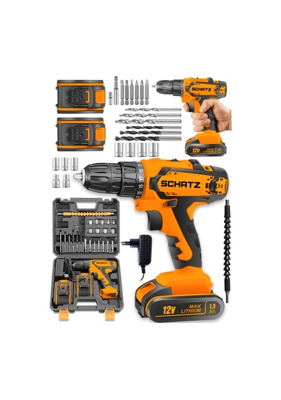Schatz Pro 12v 1.5 Ah Darbeli Çelik Şanzıman Çift Akülü Bakır Sargılı Şarjlı Vidalama Matkap 24 Pcs Turuncu -