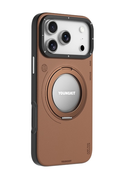 Apple Uyumlu iPhone 17 Pro Kılıf M-safe 360 Standlı Basit Mat Deri Desenli Youngkit Tech Leather Seri Kahverengi Kahverengi