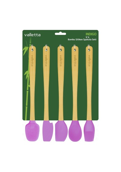 Valletta Indigo 5'li Pembe Bambu Silikon Spatula Seti Uzun 26 Cm