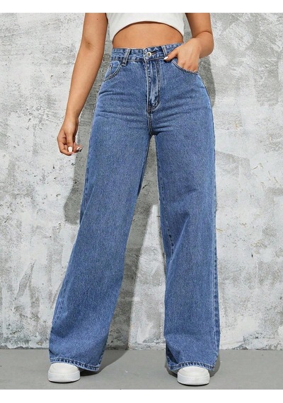 Palazzo Pantolon Orta Mavi Yüksek Bel Geniş Paça Bol Kesim Premium Jeans Orta Mavi