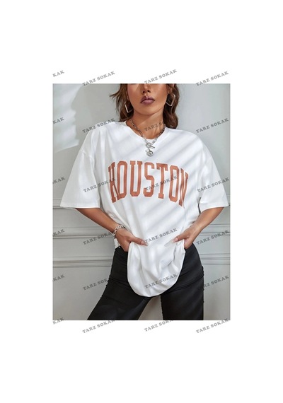 Startmore Kadın Beyaz Houston Baskılı Oversize Beyaz