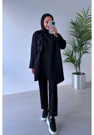 Kahijab Çiçekli Asimetrik Kesim Scuba Takım - Siyah Siyah