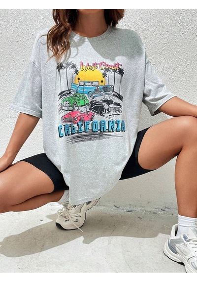 California Arabalar T-shirt - Gri Baskılı Oversize Bisiklet Yaka Kısa Kol Tişört Gri