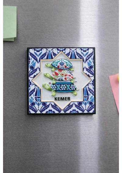 Kemer Kaplumbağa Desenli Çini Magnet 7x7 Cm Turistik Hediyelik Buzdolabı Magneti