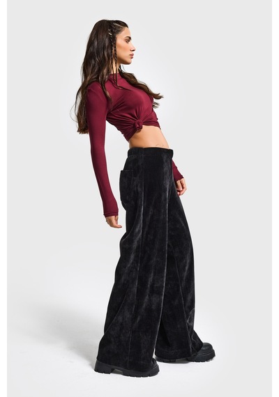 Kadın Siyah W5-1 Palazzo Fit Velvet Kadife Kumaş Pantolon
