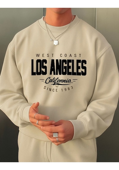 Benroma 3 İplik Penye Los Angeles Baskılı Unisex Sweatshırt Bej