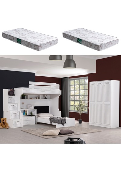 Ranza, Londra Ranza Karyola Oturaklı Çalışma Masası 3 Kapaklı Dolap 2 Adet Comfort Yatak 90 X 190 CM Ranza, Londra Ranza Karyola Oturaklı Çalışma Masası 3 Kapaklı Dolap 2 Adet Comfort Yatak 90 X 190 CM