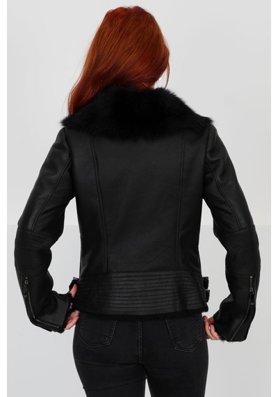M M Marki Marki Siyah Hakiki Kürk Ve Deri Mont - Kemerli, Yakası Kürklü, Fit Kesim, Elegant Chic - 103722