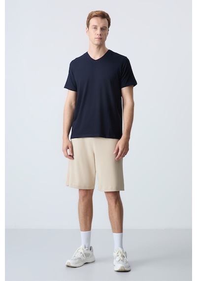 Air Jones Tommy Life Bej Pamuklu Kalın Yumuşak Dokulu Standart Fit Basic Erkek Şort - 81275 Bej