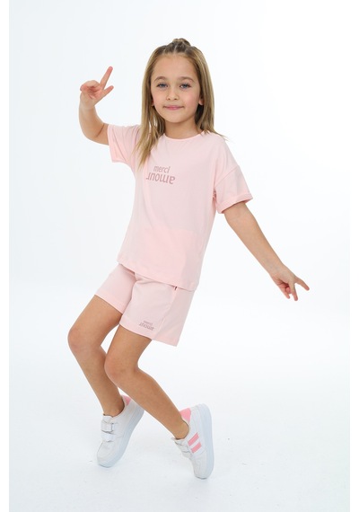 Toontoy Kids Toontoy Kız Çocuk Baskılı Şortlu Takım Pudra