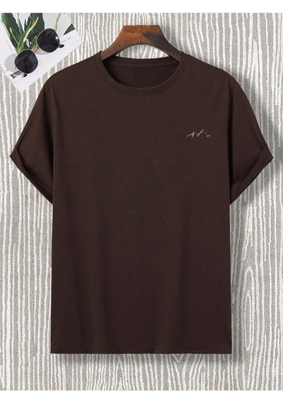 Unisex Dağ Baskılı Oversize Tshirt Kahverengi