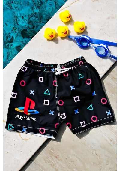 Mayom Erkek Çocuk Playstation Geometrik Baskılı Bel Bağcıklı Deniz Şortu-siyah Siyah