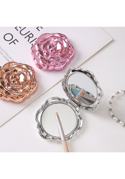 Gül Tasarımlı Çanta/cep Aynası - Katlanabilir, Mini Boy, Taşınabilir, Makyaj Aynası, 6cm Gri