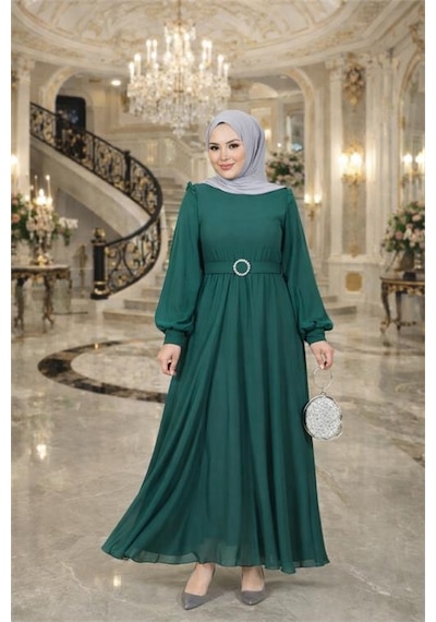 Neşeli Butik Kadın Zümrüt Yeşil Tül Kumaş Kemer Detaylı Büyük Beden Tesettür Elbise Nbft006 Zümrüt Yeşili