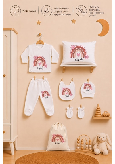 Pia Baby Kız Bebek Hastane Çıkışı 8 Parça %100 Pamuk İsimli Organik Baskılı Kese Hediye Zıbın Seti 1003zybk3x Krem