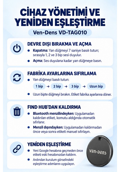 Ven-dens Vd-tag010 Bluetooth Eşya Takip Cihazı, Find Hub Ve Android Uyumlu, Anahtar, Siyah