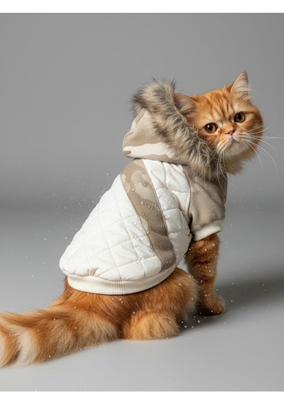 Kmauflaj Desenli Creamy Camo Kedi Montu Kışlık Ceket