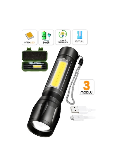 3 Mod Metal Şarjlı El Feneri Zoomlu Mini Boy Type-c Kutulu Cob Led Lamba Acil Durum Işığı 47701 Siyah