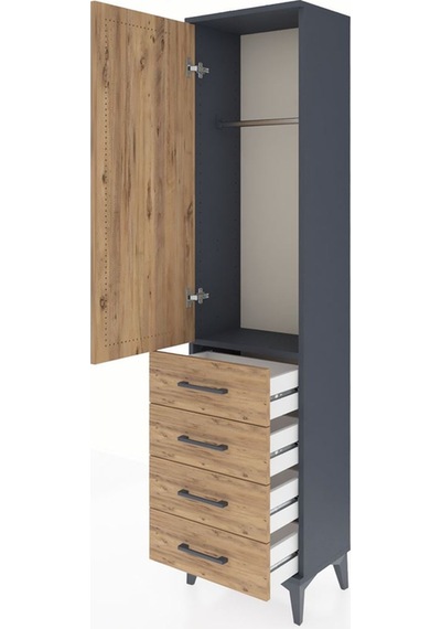 Arges Dolap Tek Raflı 4 Çekmeceli Tek Askılı 44x30x182 Antras... Antrasit